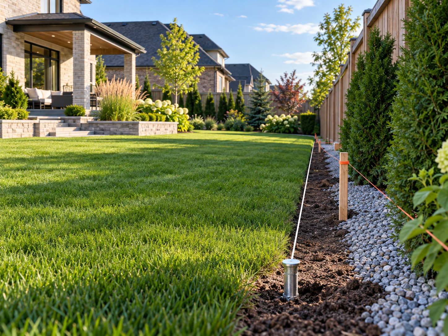 AI-generated illustration of property-line markers and string beside a landscaped residential yard.
